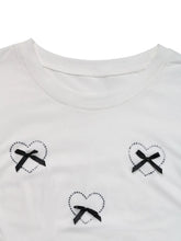 White Fitted T Shirt with Heart and Bow Accents for Women