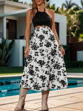 White Floral Halter Dress Black and White Backless Casual Dress