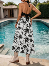 White Floral Halter Dress Black and White Backless Casual Dress