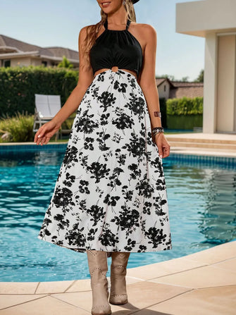 White Floral Halter Dress Black and White Backless Casual Dress Black