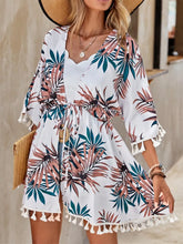 White Floral Print Tassel Kimono Swimwear Cover Up