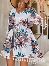 White Floral Print Tassel Kimono Swimwear Cover Up