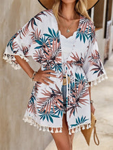 White Floral Print Tassel Kimono Swimwear Cover Up White One Size