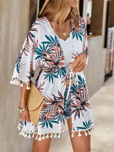 White Floral Print Tassel Kimono Swimwear Cover Up Swimwear Cover-Ups