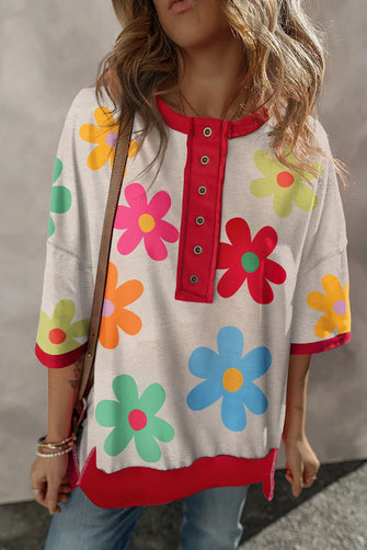 White Floral Print Top with Red Trim for Women Floral