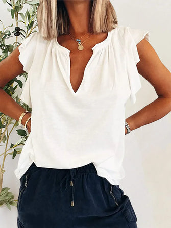 White Flutter Sleeve Ruffled Blouse for Women White