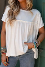 White frill round neck short sleeve tunic top with ruffled yoke