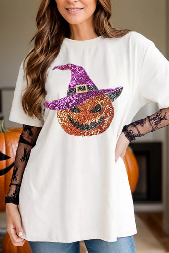 White Halloween Pumpkin Witch Sequin T-Shirt for Women White