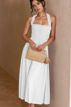 White Halter Backless Smocked Midi Dress