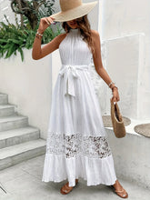 White Halter Maxi Dress with Lace Detail and Belted Waist