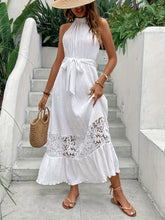 White Halter Maxi Dress with Lace Detail and Belted Waist