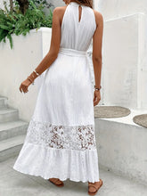 White Halter Maxi Dress with Lace Detail and Belted Waist