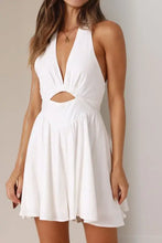 White halter neck cutout dress with flared skirt, machine wash cold