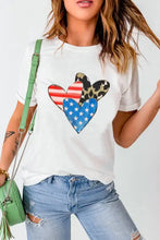 White heart print basic style t-shirt with flag and leopard accents