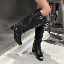 Cream White Knee High Buckle Boots for Women Black