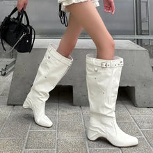 Cream White Knee High Buckle Boots for Women Woman Boots