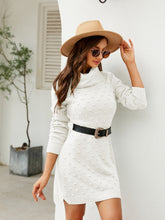 White Knit Sweater Dress with Belt and Slit Long Sleeve Length White