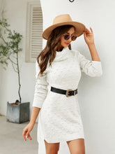 White Knit Sweater Dress with Belt and Slit Long Sleeve Length White Woman Sweater Dresses