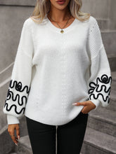 White Knit Sweater with Black Sleeve Design and Round Neck Long Sleeves
