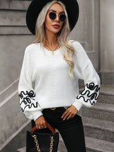 White Knit Sweater with Black Sleeve Design and Round Neck Long Sleeves White