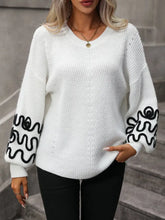 White Knit Sweater with Black Sleeve Design and Round Neck Long Sleeves Sweater Pullovers
