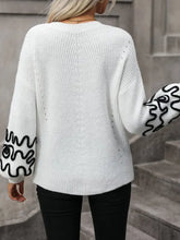 White Knit Sweater with Black Sleeve Design and Round Neck Long Sleeves Sweater Pullovers