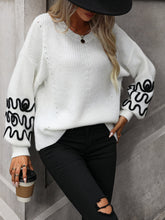 White Knit Sweater with Black Sleeve Design and Round Neck Long Sleeves
