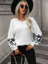 White Knit Sweater with Black Sleeve Design and Round Neck Long Sleeves White Sweater Pullovers