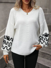 White Knit Sweater with Black Sleeve Design and Round Neck Long Sleeves Sweater Pullovers