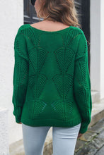 White Knit V Neck Sweater with Openwork Leaf Pattern and Regular Sleeve Length