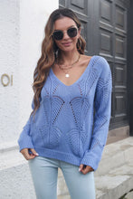 White Knit V Neck Sweater with Openwork Leaf Pattern and Regular Sleeve Length Sky Blue