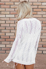 White lace boho cardigan with frayed edges, cable knit, gold hardware