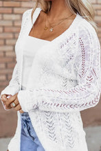 White lace and cable knit cardigan with v-neck, long sleeves, gold hardware