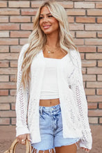 White lace and cable knit cardigan with frayed hem and gold hardware
