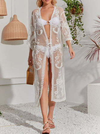 White Lace Beach Cover Up 100 Percent Polyester Swimwear Accessory White One Size