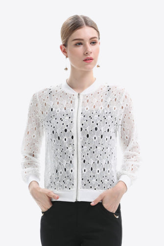 White Lace Bomber Jacket with Regular Sleeve Length for Women White