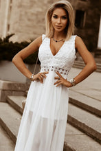 White Lace Chiffon Sleeveless Maxi Dress with Slit