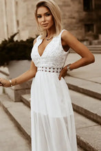 White lace chiffon sleeveless maxi dress with sheer skirt and floral details