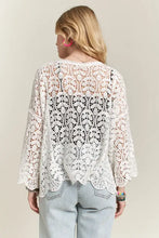 White lace kimono cardigan with crochet leaf pattern and bell sleeves