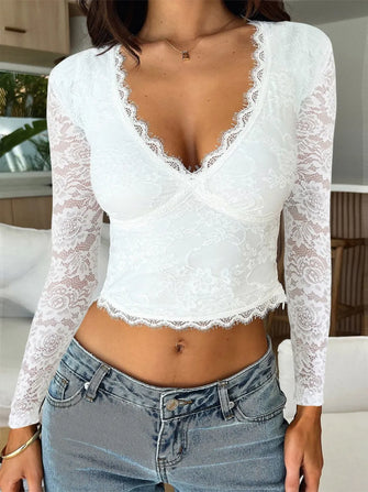 White Lace Long Sleeve Crop Top for Women White