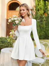 White lace long sleeve square neck mini dress in satin