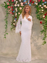 White lace mermaid evening gown with bell sleeves and v-neckline