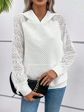 White lace openwork hoodie with quilted crossbody bag, kangaroo pocket