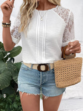 White Lace Round Neck Short Sleeve Blouse for Women White