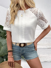 White Lace Round Neck Short Sleeve Blouse for Women