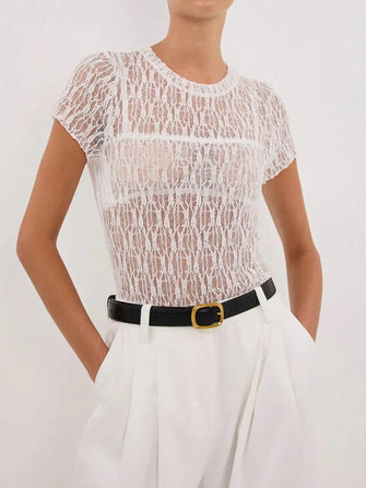 White Lace Round Neck Short Sleeve Top for Women White