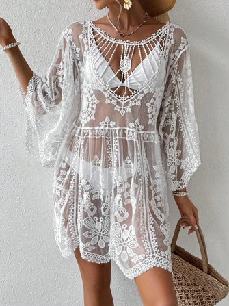 White Lace Sheer Beach Cover-Up White One Size