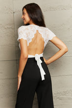White Lace Short Sleeve Bodysuit with Black Pants White