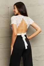 White Lace Short Sleeve Bodysuit with Black Pants White Woman Bodysuits