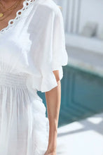 White Crochet-Trimmed Dress with Woven Straw Handbag Cover-Up Set Swimwear Cover-Ups